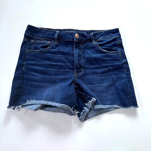 American Eagle Women's Size 14 Dark Wash Denim Jeans Cutoff 4" Hi Rise Shortie - Picture 1 of 9
